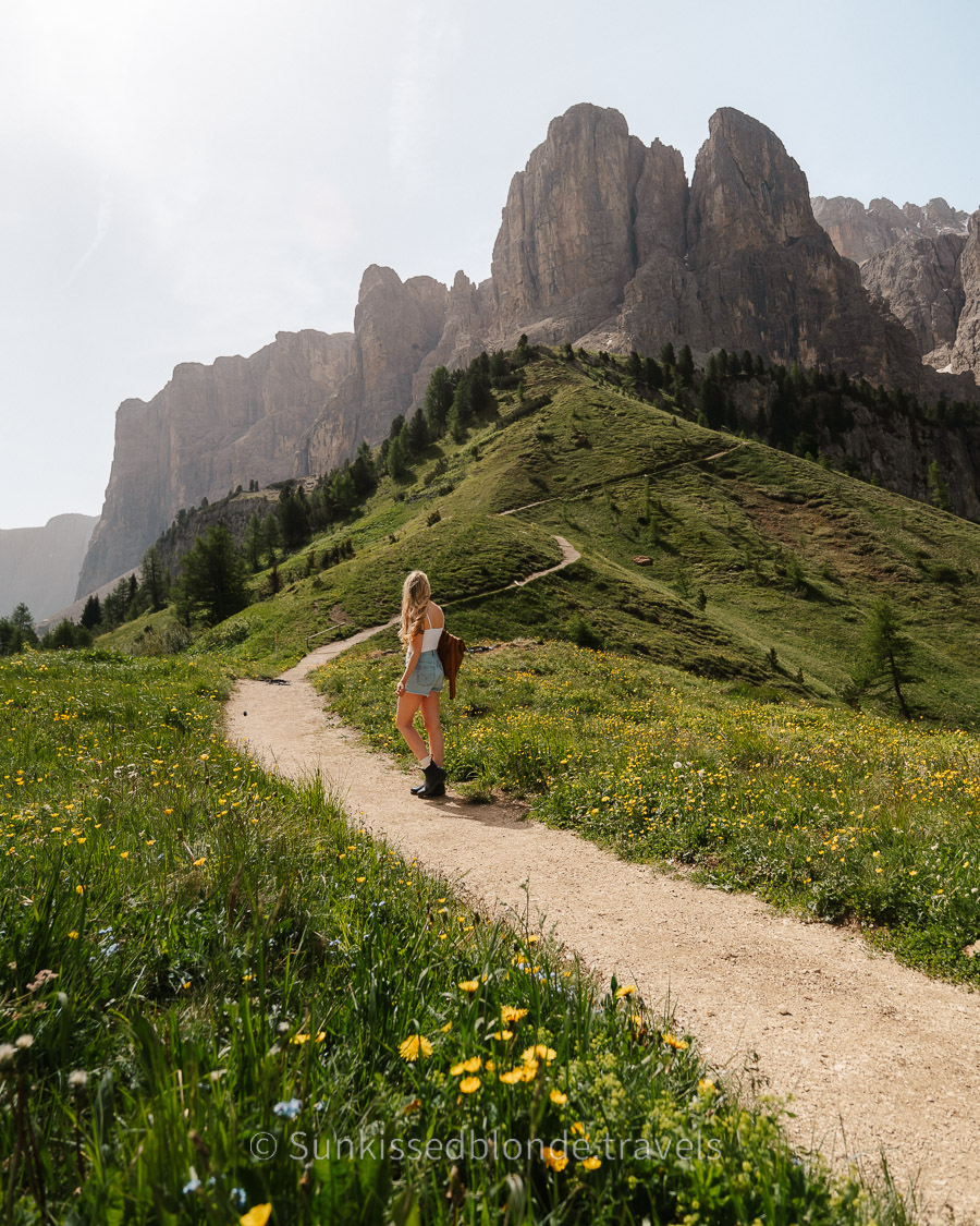 Person walking along a winding mountain trail in Val Gardena in the Dolomites surrounded by green meadows with yellow wildflowers and dramatic rocky peaks in the background