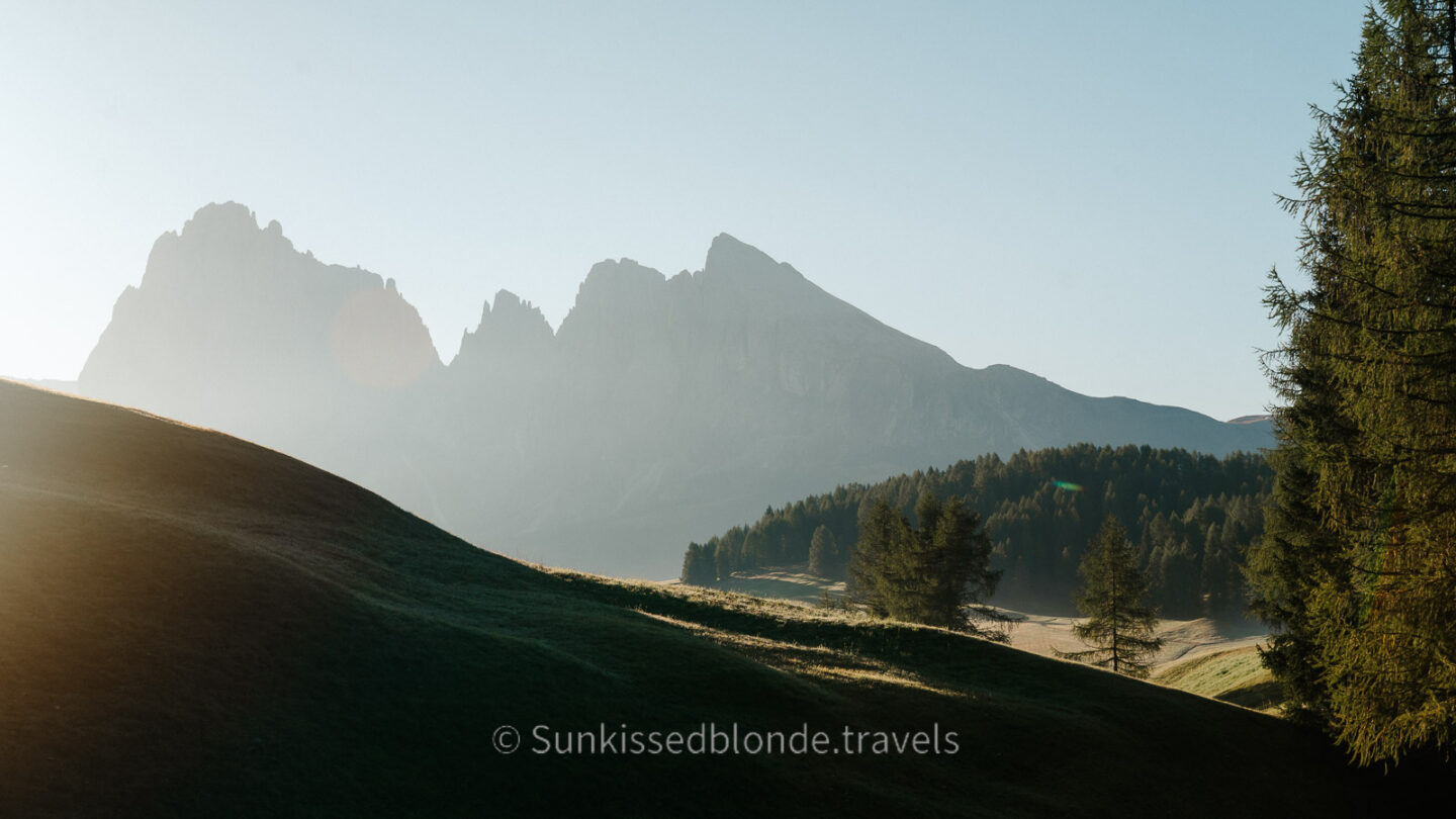 Golden hour light over Alpe di Siusi alpine meadow with Sassolungo mountain peaks in the background, Dolomites, South Tyrol, Italy