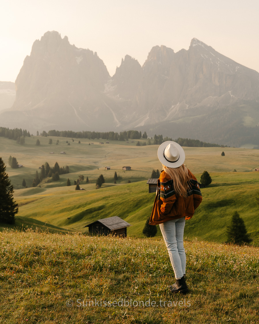 Golden hour light over Alpe di Siusi alpine meadow with Sassolungo mountain peaks in the background, Dolomites, South Tyrol, Italy