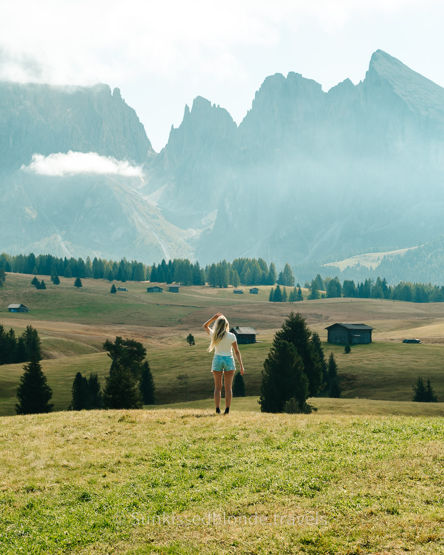 Golden hour light over Alpe di Siusi alpine meadow with Sassolungo mountain peaks in the background, Dolomites, South Tyrol, Italy
